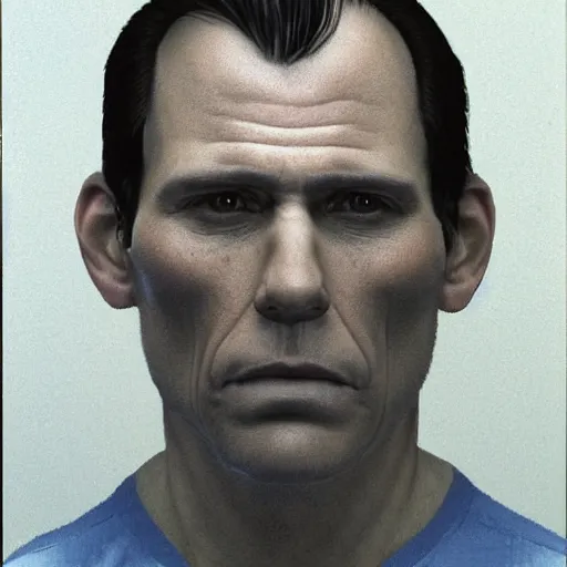 Image similar to A mugshot portrait of a middle aged man who looks like Jerma985 with very short wavy hair, and wearing late 1990s menswear in the late 2000s, taken in the late 2000s, grainy, realistic, hyperrealistic, very realistic, highly detailed, very detailed, extremely detailed, detailed, trending on artstation, front facing, front view, headshot and bodyshot, detailed face, very detailed face