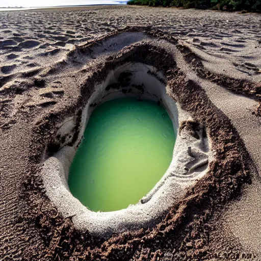 Image similar to deep dark hole on a sandy mississippi beach that has a few snakes crawling out of it, no trees no palm trees, no rocks.