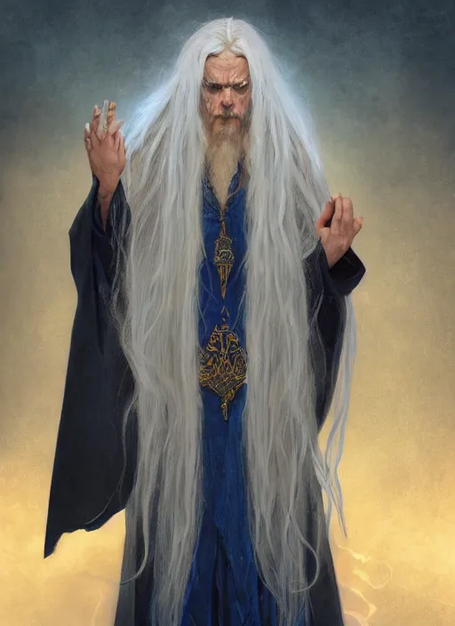 Prompt: medium - length portrait of a wizard, arcane sigils hovering over her hands, with long white hair and glowing blue eyes, dark brown skin, stern expression, wears a long robe, medieval setting, dramatic pose, highly detailed, digital painting, artstation, concept art, sharp focus, illustration, art by greg rutkowski and alphonse mucha