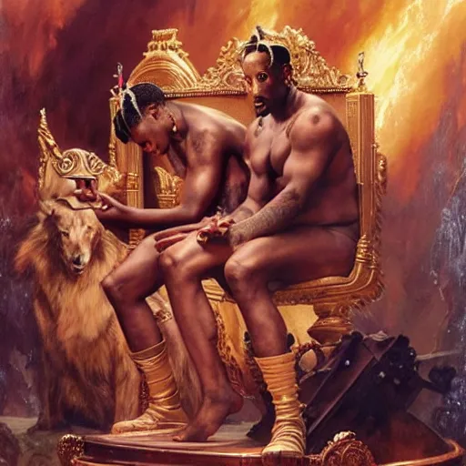 Image similar to 2 1 savage accuses travis scott of betrayal! zeus sits on the throne of olympus, heavenly marble, ambrosia served on golden platters, painting by gaston bussiere, craig mullins, j. c. leyendecker, tom of finland