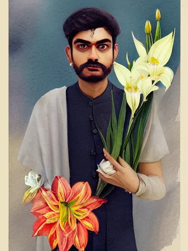 Prompt: water color painting, artwork by raja ravi varma, of a solo individual portrait of an indian guy holding lilies, dapper, simple illustration, domestic, nostalgic, full of details, matte painting, trending on artstation and unreal engine