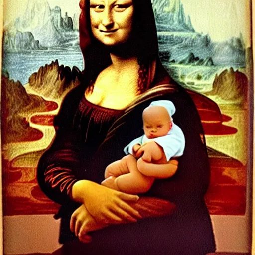 Prompt: Mona Lisa holding Baby Yoda, in the style of Leonardo da Vinci