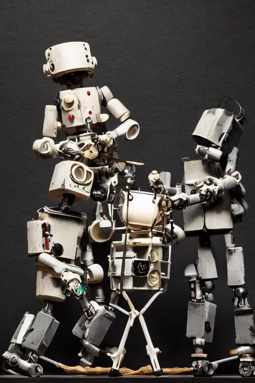 Image similar to a beautiful cinematic photo shot of a couple of threea toys figurines by ashley wood, world war one robot squids playing drums and electric guitar, black background, concert light, dark mood