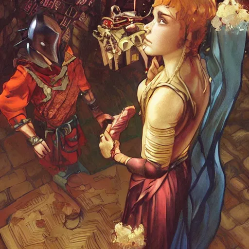 Image similar to an epic fantasy comic book style painting of a young red headed girl with a book in one arm meeting a young boy thief with blonde wearing plain brown leather thief clothes, d & d, fantasy, intricate, elegant, highly detailed, digital painting, artstation, concept art, matte, sharp focus, illustration, art by artgerm and greg rutkowski and alphonse mucha