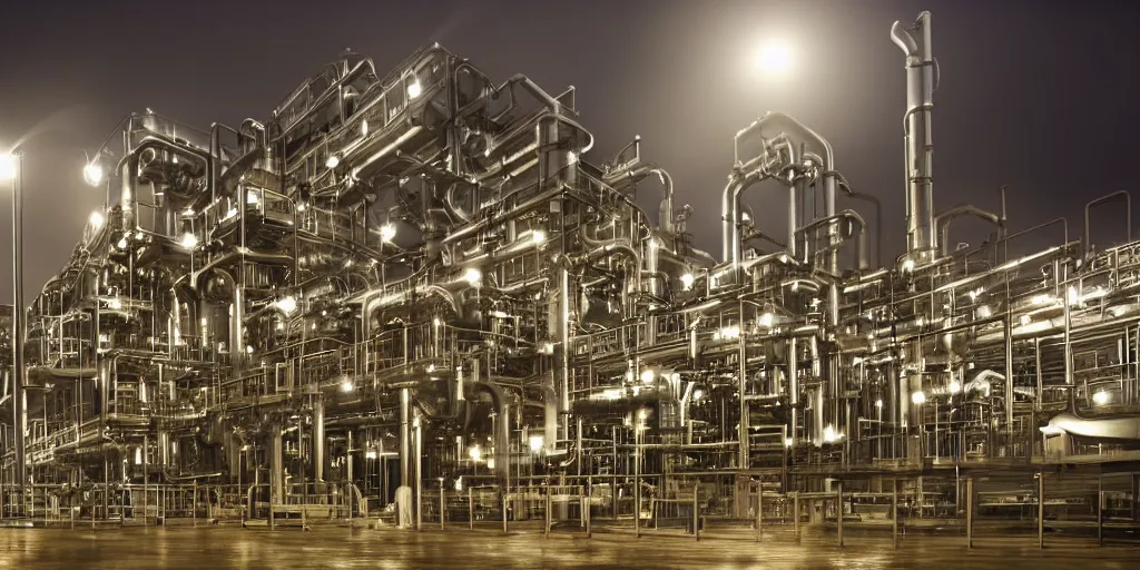 Image similar to hyper realistic oil pipes processing plant at night under the rain