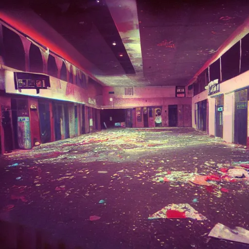 Image similar to lomo photo of empty night club, washed colors, empty bottles everywhere, dust and grease,