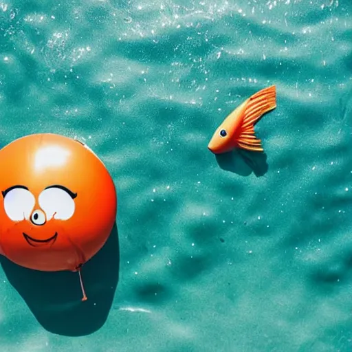 Image similar to a fish floating away from the sea tied to a ballon