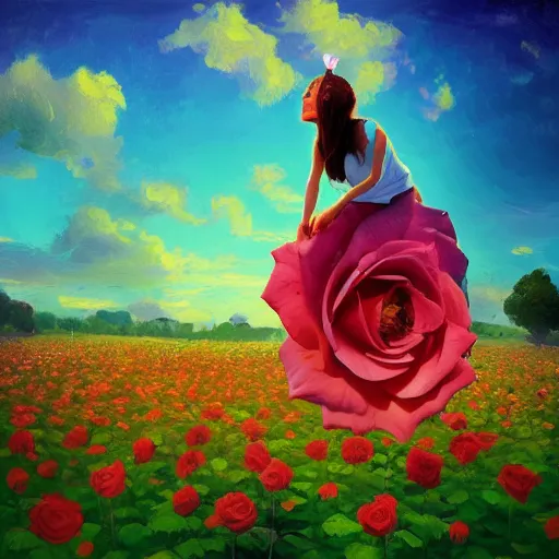 Image similar to giant rose flower as a head, full body girl sitting in a flower field, surreal photography, sunrise, dramatic light, impressionist painting, colorful clouds, digital painting, artstation, simon stalenhag