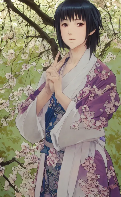 Prompt: front portrait of a boy standing, sakura tree in background, yukata clothing, battlefield in background, anime style, short hair, hair down, symmetrical facial features, from arknights, hyper realistic, 4 k, extreme detail, detailed drawing, trending artstation, realistic lighting, by alphonse mucha, greg rutkowski, sharp focus, backlit