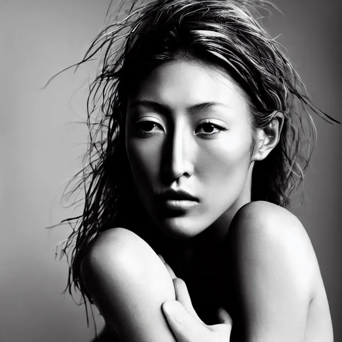 Image similar to young beautiful woman dichen lachman, gorgeous face, black and white photography portrait, skin grain detail, high fashion, full - body, 8 k,, ultra sharp focus, tropical background, photography by richard avedon, and paolo roversi and nick knight, and hellmut newton, victoria siemer, kirsty mitchell, laura zalenga