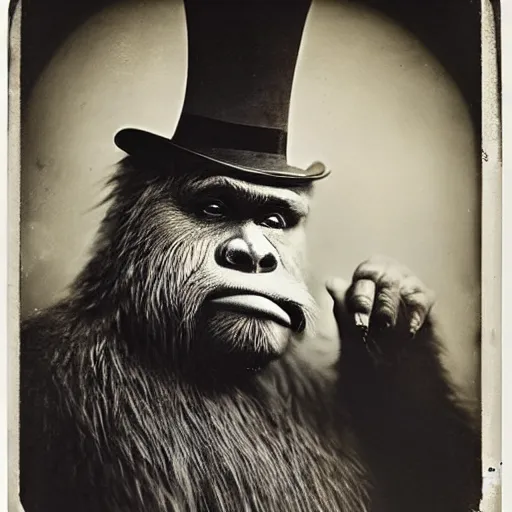 Image similar to a vintage wet plate portrait of a dignified bigfoot with a top hat and cane, extremely detailed, by robert capa!!!!!!!!!!!!!!!!!!