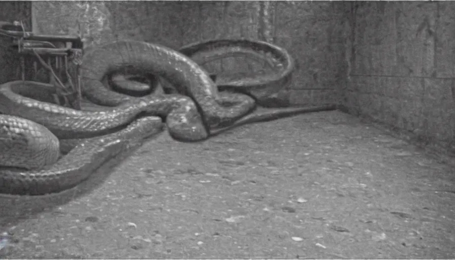 Image similar to a gigantic snake eating an old skinny man in a stalinist style kitchen, mini dv camera found footage, very very low quality picture, heavy grain, caught on security camera, heavy jpeg artifact, night vision very blurry, caught on trail cam, 1 4 4 p, ultra wide lens