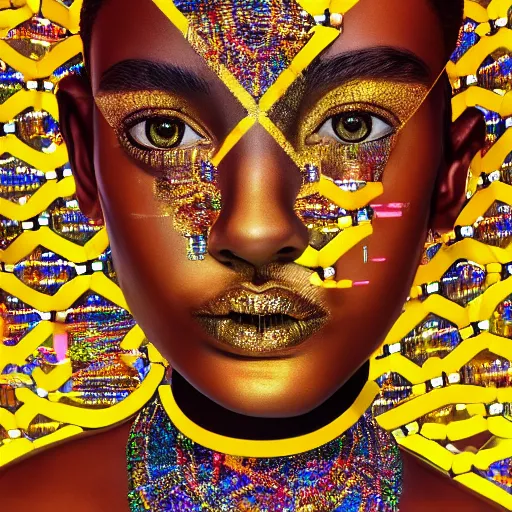 Image similar to hyperdetailed masterpiece portrait of a glossy golden metallic statue of a woman head covered in colorful glowing hexagons and chakras, symmetrical, in the style of virgil abloh, offwhite, heron prestorn, denoise, vogue, paris, fashion, halluzinogene, highly detailed, realistic, hyperreal, 8 k, 4 k, render