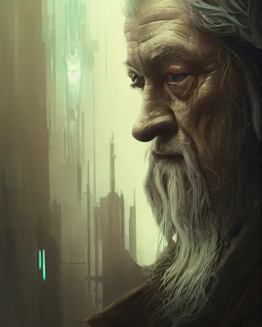 Image similar to gandalf with cybernetic enhancements, detailed face, scifi character portrait by greg rutkowski, esuthio, craig mullins, 1 / 4 headshot, cinematic lighting, dystopian scifi gear, gloomy, profile picture, mechanical, half robot, implants, steampunk