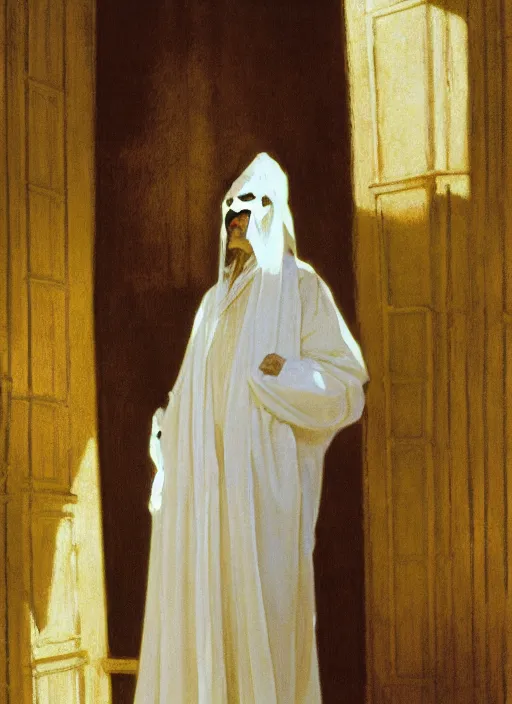 Image similar to an oil painting of a tall person in flowing white robes wearing a white venetian carnival mask standing in a gloomy dark room with hazy sunlight streaming through the window, in the style of john singer sargent, greg rutkowski, maxfield parrish and alphonse mucha