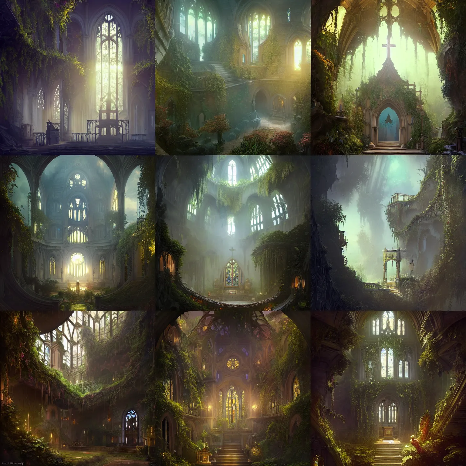 Prompt: victorian chapel with hanging gardens on side of cliff, archways, large glass ceilings, staircases, light dust, by peter mohrbacher dan mumford craig mullins nekro, cgsociety, pixiv, volumetric light, 3 d render