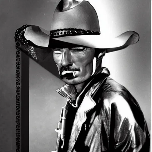 Image similar to Lee Van Cleef as a scifi futuristic cyberpunk cyberpunk cowboy. Amazing photo