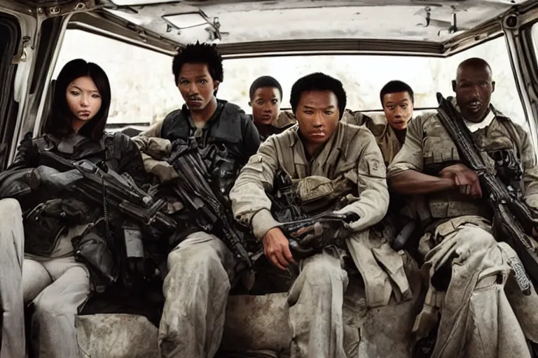 Image similar to movie diverse interracial team of Japanese robbers armed with rifles interior clean futuristic tactical van, beautiful skin, Symmetrical faces. natural lighting by Emmanuel Lubezki