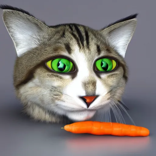 Image similar to big tabby cat with white paws biting a carrot 3D