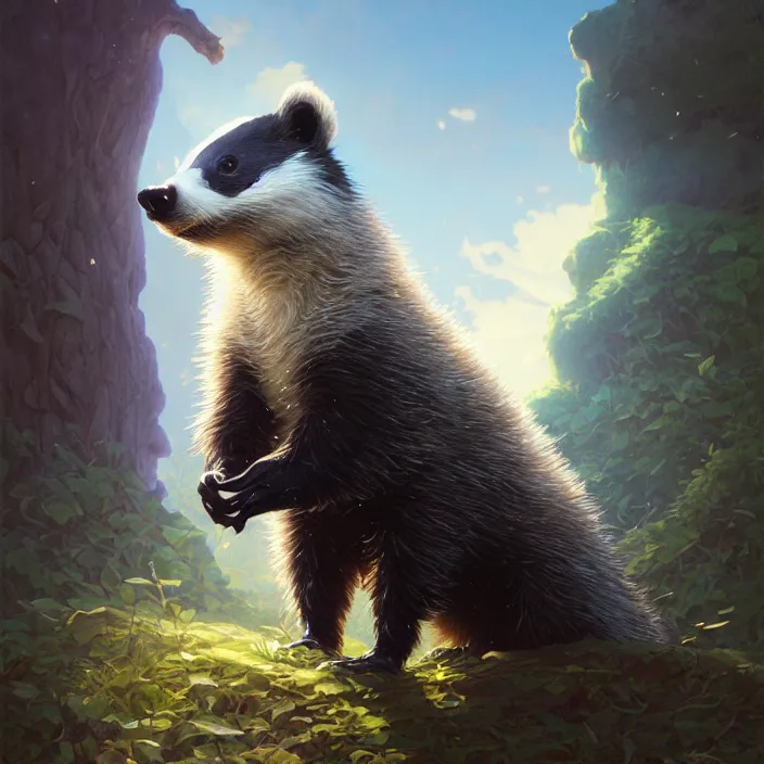 Image similar to highly detailed portrait of a cute badger, unreal engine, fantasy art by greg rutkowski, loish, rhads, ferdinand knab, makoto shinkai and lois van baarle, ilya kuvshinov, rossdraws, tom bagshaw, alphonse mucha, global illumination, radiant light, detailed and intricate environment