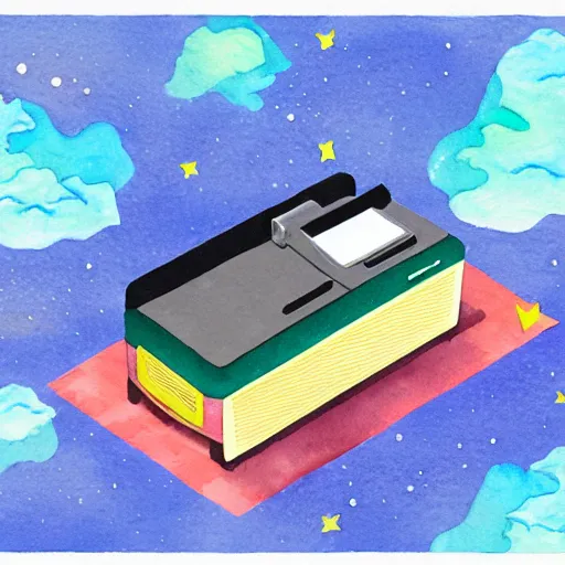 Image similar to isometric watercolor illustration of a printer floating in space