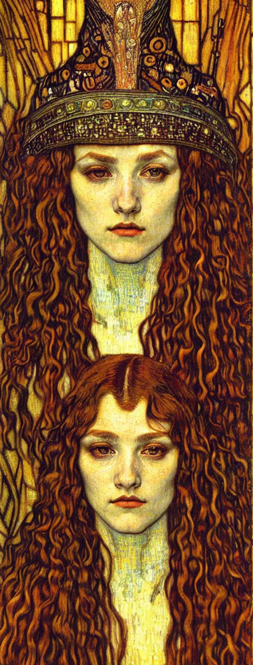 Image similar to detailed realistic beautiful young medieval queen face portrait by jean delville, gustav klimt and vincent van gogh, art nouveau, symbolist, visionary, gothic, pre - raphaelite, muted earthy colors, desaturated