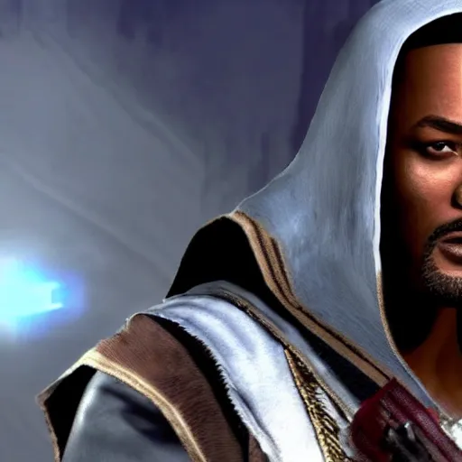 Prompt: Will Smith as Altair, assassin's creed 1 gameplay screenshot, hood off