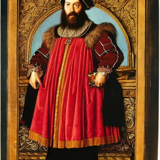 Prompt: Official royal portrait of a king, middle ages, full body, front facing, ominous, black beard, wearing royal crown, dark red embellished tunic, dark background, highly realistic, hans holbein, highly dramatic