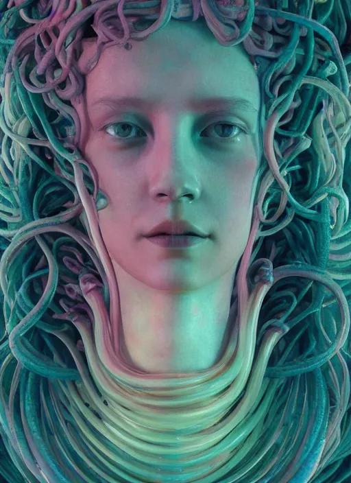 Prompt: medusa made of soft translucent wax, wooden art nouveau swirls, strong subsurface scattering, cables, tubes, subsurface scattering, in the style of ruan jia and beeple and giger, subsurface scattering, mystical colors, back light, rim light, dramatic lighting, 8 k, stunning scene, raytracing, octane render, trending on artstation