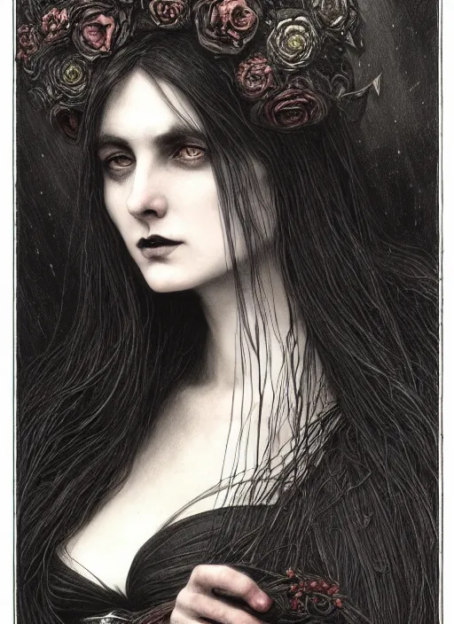 Image similar to gothic witch maiden holding a wreath and wearing a cloak, long beautiful strands of black hair, engraving, concept art, elden ring, illustration, smooth, sharp focus, by gustave dore and greg rutkowski, hyper realistic face, piercing beautiful eyes, fantasy art, in the style of midjourney, intricate, alphonse mucha, hyper detailed