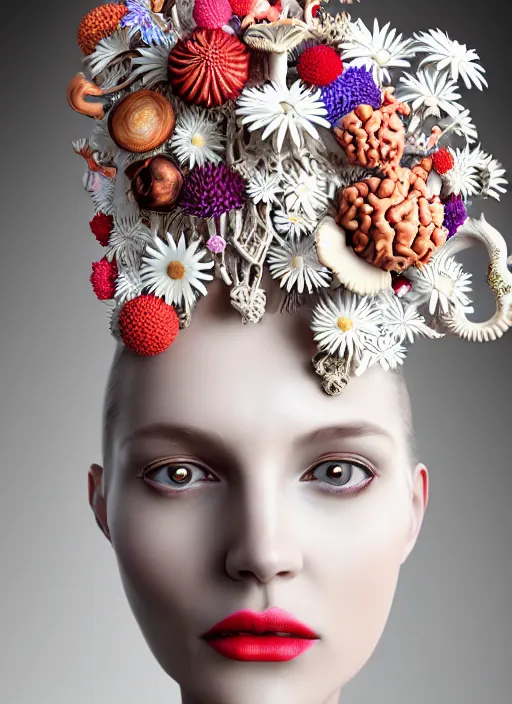 Prompt: biomechanical beautiful woman portrait with a smooth carved porcelain ivory profile face, futuristic haute couture, iris van herpin, headdress with daisies, colorful puffballs, mushrooms, rhizomorphs, brackets, sponge corals, laser cut fractal lace, red plump lips, beautiful eyes, hyper detailed, ultra sharp, soft rim light, 8 k, uhd