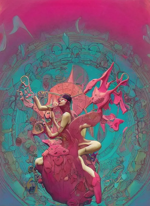 Image similar to mutant biomorphic biological biogeometric structure, hot pink and teal, cinematic graded palette. animal spirit guardian carousel painted jean - leon gerome, homer tanuka, james jean, mead schaeffer. trending on pinterest. influences from dean cornwell, greg tocchini, alphonse mucha, akira