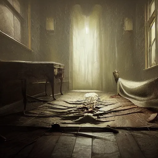 Image similar to michal karcz painting of the monster under your bed. , horror theme, detailed, elegant, intricate, 4k,