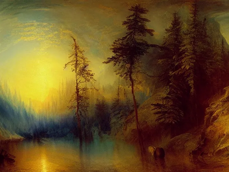 Prompt: 'Canadian Wilderness, cold, December' by J.M.W Turner. Hue breaking and color management, concept art. Epic fantasy landscape