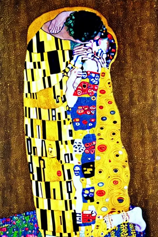 Image similar to gustav klimt the kiss with kissed Nicolas Cage face