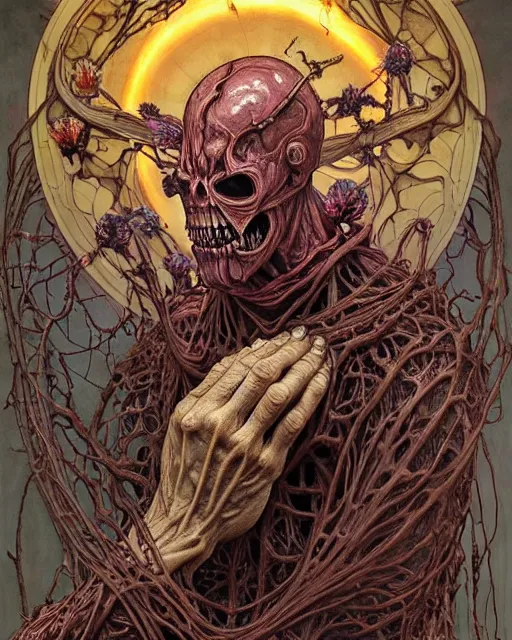 Image similar to the platonic ideal of flowers, rotting, insects and praying of cletus kasady ultimate carnage thanos dementor wild hunt doctor manhattan chtulu nazgul mandala davinci, d & d, fantasy, ego death, detailed, intricate, hyperrealism, intense, scary, decay, dmt, art by artgerm and greg rutkowski and alphonse mucha