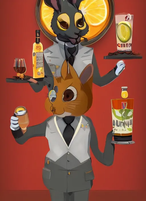 Prompt: squirrel anthro as a dapper bartender with a big fluffy tail, retro futurism, art deco, detailed painterly art style, 🐿🍸🍋, furaffinity, trending on artstation