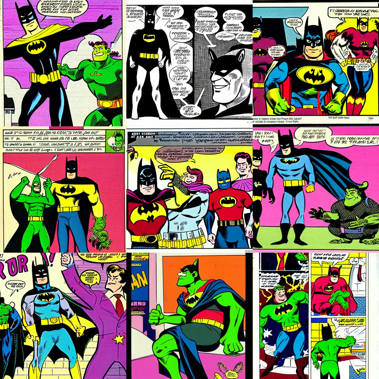 Prompt: a 1970s comic book panel featuring Batman (starring Shrek)