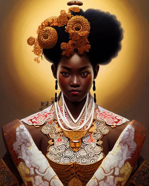 Image similar to portrait of a afro goddess, machine face, upper body, decorated with chinese opera motifs, asian, traditional chinese art, intricate, elegant, highly detailed, digital painting, artstation, concept art, smooth, sharp focus, illustration, art by artgerm and greg rutkowski and alphonse mucha, 8 k