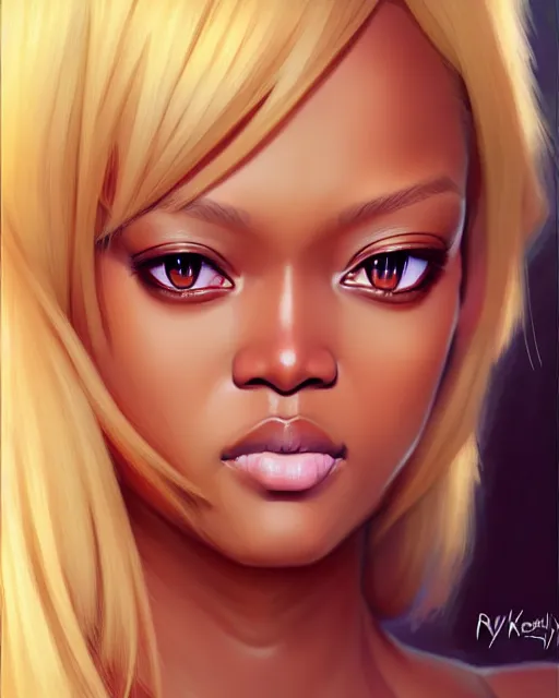 Image similar to portrait of Tyra Banks as Anime girl cute-fine-face, blonde hair, full body! pretty face, realistic shaded Perfect face, fine details. Anime. realistic shaded lighting by Ilya Kuvshinov Giuseppe Dangelico Pino and Michael Garmash and Rob Rey