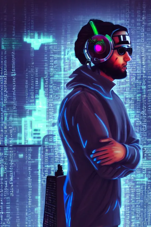 Prompt: santiago michel as a cyberpunk hacker