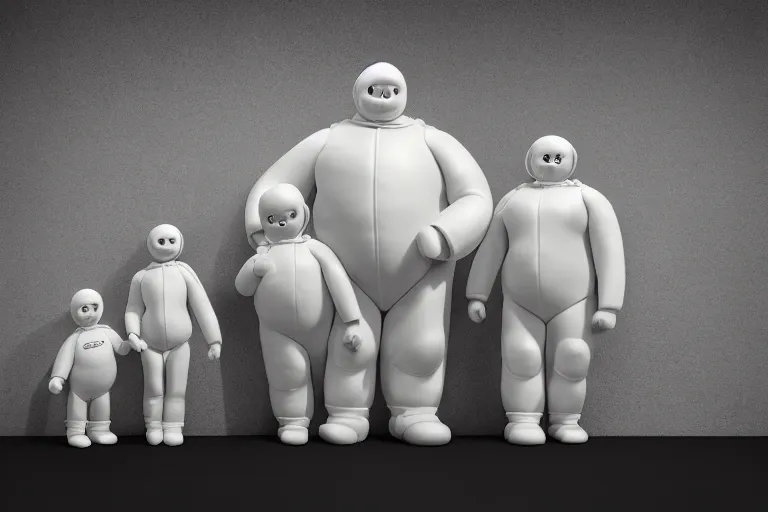 Prompt: alabaster Bibendum model, family portrait of Michelin Man, Bibendum family portrait, sculpture, photograph, studio lighting, product photography, while marble, figurine, octane render