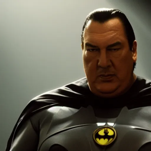 Image similar to from the movie a still of steven seagal as a fat batman, cinematic, studio lighting. god rays through fog. 4 k