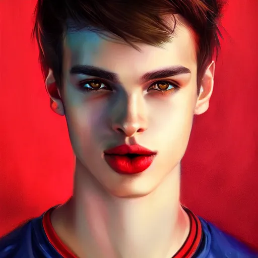 Image similar to colorful and Festive Captivating young man with straight brown hair, black skin, big lips, red t-shirt. rich vivid colors, ambient lighting, dynamic lighting, 4k, atmospheric lighting, painted, intricate, highly detailed by Charlie Bowater