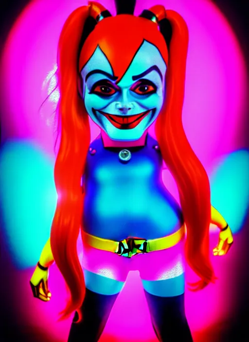 Image similar to kodak portra 4 0 0 of wendy's mascot wendy thomas as harley quinn, neon mood 8 k, soft light, volumetric lighting, highly detailed, 1 5 0 mm lens, elegant, vhs still photo realistic skin, backlit texture