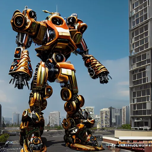 Image similar to a beautiful hyperrealistic ultradetailed 3D render of a gigantic javanese mecha standing in the city, by brian sum and stephen martiniere and Antonio Manzanedo. mech, dragon, unreal engine, octane render, PBR, 3D, brilliantly colored, intricate, wide angle, volumetric lighting, polished, path tracing