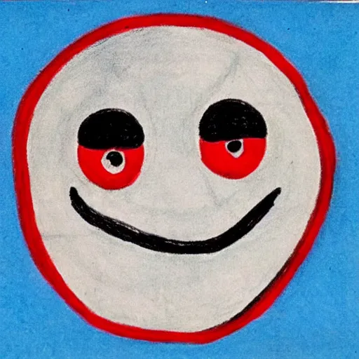 Image similar to primitive drawing of smiling circle face with red eyes thumb up. Сhild drawing picture