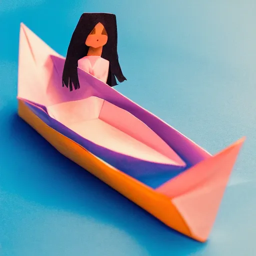 Image similar to a girl in a origami paper boat at dusk