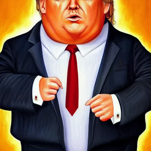 Image similar to obese trump. overweight. amazing painting. formal. beautiful. high resolution. highly realistic. close - up. trending on artstation