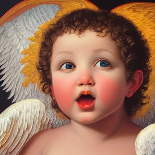 Prompt: painting of a cherub portrait greg hildebrandt high detail